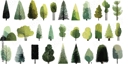 Collection of diverse green trees in various shapes and sizes with textured foliage and white background