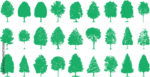 Collection of green tree silhouettes in various shapes and sizes on a white background. Diverse deciduous and coniferous tree forms are displayed in a grid layout