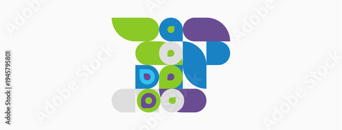 Abstract geometric shapes, vibrant colors, playful design. Composition features circles, ovals, curves, overlapping forms. Modern aesthetic.