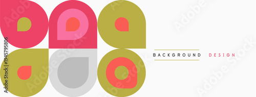 Geometric shapes repeat, creating colorful pattern. Simple design uses circles, squares, muted tones. Background element for projects.