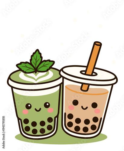 Kawaii bubble tea matcha milk cups cute illustration