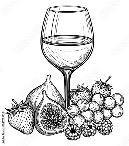 Glass of white wine with fruit (strawberries, figs, berries)