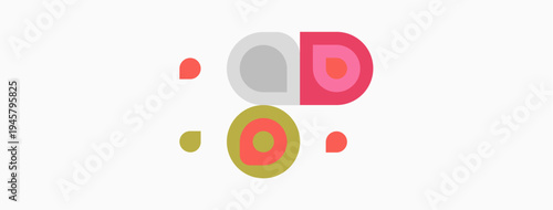 Abstract colorful shapes form whimsical face. Circles, dots, overlapping elements create playful design. Minimalist aesthetic, light background.