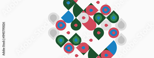 Abstract geometric shapes overlap, creating colorful pattern. Circles, squares, rectangles dominate composition. Minimalist design, modern aesthetic.
