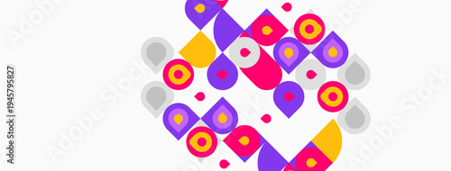 Abstract geometric pattern. Circles, squares, vibrant colors create playful composition. Modern design element, simple shapes dominate.