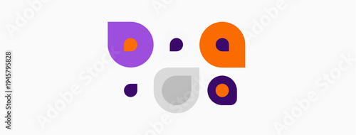 Abstract colorful shapes form whimsical face. Purple, orange, gray dots create playful design on white background. Simple, modern aesthetic.