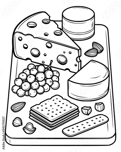 Cheese board with cheeses, grapes, crackers, and nuts