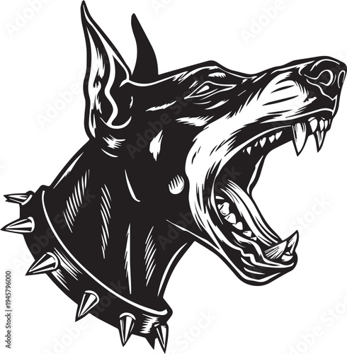 Roaring Doberman Dog Head Aggressive Guard Dog Mascot Black and White Vector Illustration