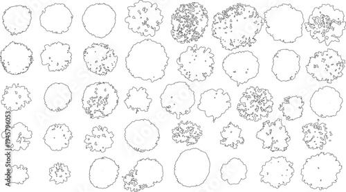 Collection of black and white line of various tree canopies viewed from above canopy aerial outline