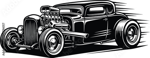 Vintage Hot Rod Coupe with Supercharged Engine Retro Hand Drawn Vector Illustration