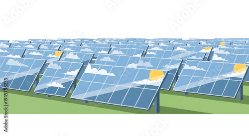 Solar panels on green field with sunny sky, renewable energy concept