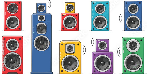 Colorful Audio Speaker Collection Featuring Loudspeaker Cabinets and Sound System Equipment for Music, DJ Setup, and Entertainment Design