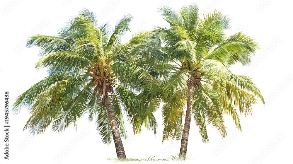 Obraz premium Two Lush Green Coconut Palm Trees Swaying Gently in the Tropical Breeze.