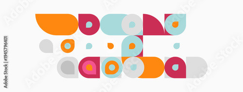 Abstract geometric shapes, circles, squares, orange, teal, red. Minimalist design, playful composition, flat illustration.
