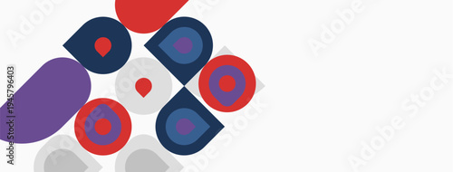 Abstract geometric shapes, circles, squares overlap. Purple, red, gray colors dominate white background. Modern design element.