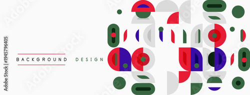 Abstract geometric shapes, vibrant colors, modern design. Circles, rectangles overlap creating dynamic visual pattern. Clean aesthetic.