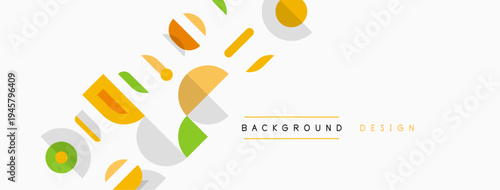 Abstract geometric shapes overlap, creating dynamic background. Colors include yellow, green, orange, brown. Minimalist design.