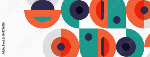 Abstract geometric shapes, circles, semicircles, rectangles. Teal, orange, purple hues dominate composition. Minimalist design, flat vector illustration.