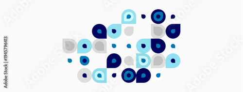 Abstract pattern features varying blue circles, dots. Minimalist design, clean aesthetic, simple composition. Light background enhances shapes.