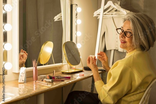 Bild auf Leinwand Senior woman applying makeup in dressing room