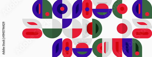 Abstract shapes, vibrant colors, geometric patterns. Composition features curves, lines, circles, rectangles. Minimalist design, modern aesthetic.