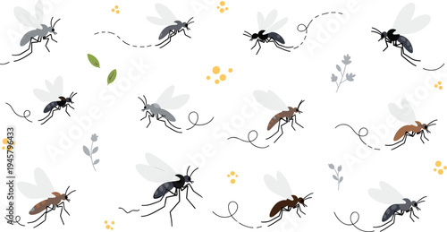 Mosquito Insect Vector Set with Flying Mosquitoes Showing Different Flight Paths Wings and Small Nature Elements Pest Illustration Isolated on White Background