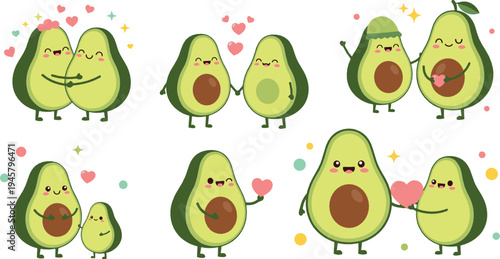 Cute avocado cartoon characters collection with happy faces, hearts and funny poses, adorable fruit mascots illustration for healthy food, love and kawaii design