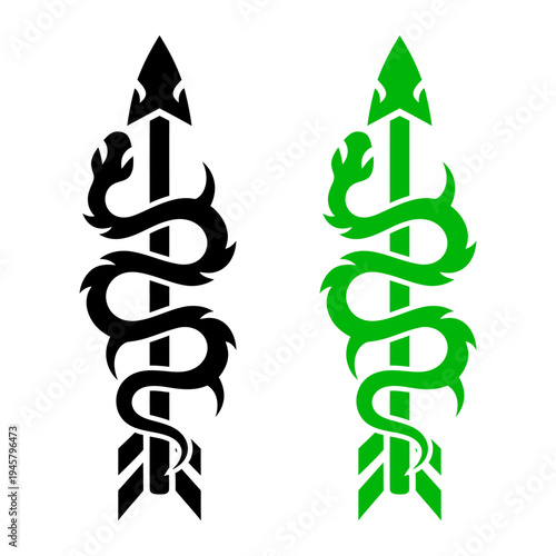 Stylized snake coiled around an arrow in black and green, representing a modern caduceus for medical, pharmacy, or outdoor hunting branding.