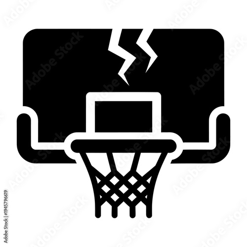 Broken basketball hoop icon with cracked backboard representing sports failure, end of game, or intense power.