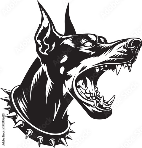 Roaring Doberman Dog Head Aggressive Guard Dog Mascot Black and White Vector Illustration