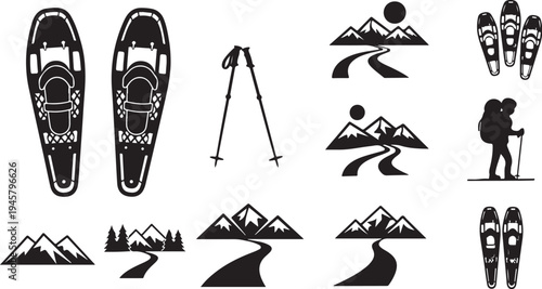 Black and white mountain adventure icons and silhouettes collection