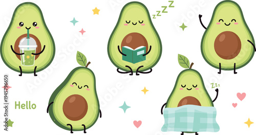 Cute avocado cartoon characters drinking juice, reading book, sleeping and waving hello, adorable kawaii fruit mascots illustration for healthy lifestyle design