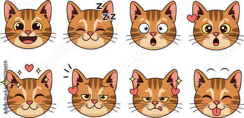 Cute tabby cat emoji faces set with different emotions expressions adorable kitten cartoon character icons vector illustration collection