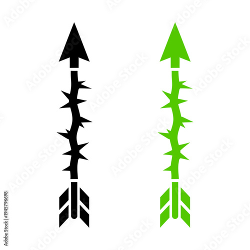 Minimalist black and green arrow icons with thorny shafts pointing upwards to symbolize a difficult path to success, overcoming challenges, and resilient growth.