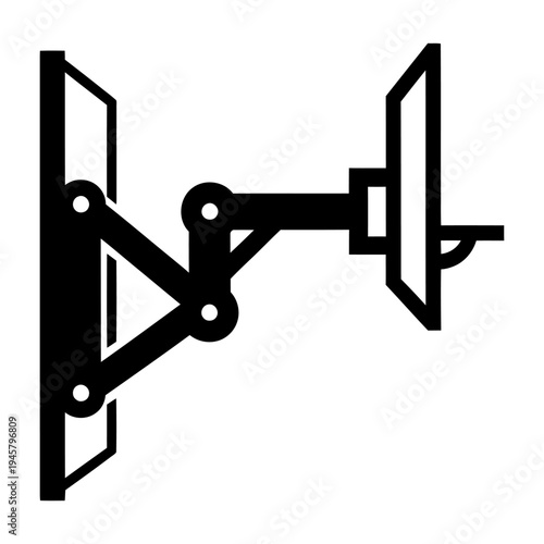 Minimalist black icon of an articulating wall mount for a TV or computer monitor, ideal for ergonomic workspace design, home entertainment setup, and space-saving hardware solutions.
