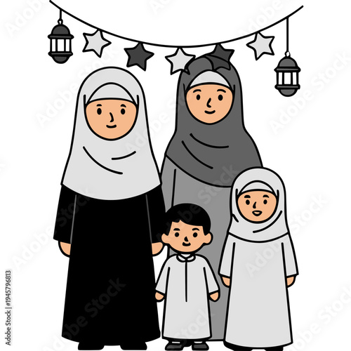 A Muslim family of four wearing traditional clothing and headscarves stand together under star and lantern decorations.