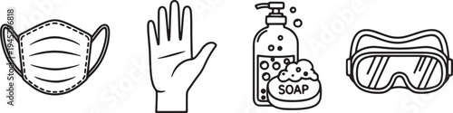 Black and white of medical mask hand sanitizer and goggles with soap also transparent background protective