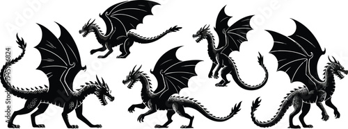 black mythical dragon silhouettes in various flying and walking poses for fantasy gaming and book illustration.