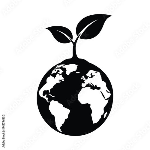 Black silhouette of the earth with two leaves sprouting, white background, earth day, new life