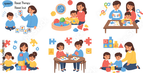 Speech therapy and child development activities with therapist and kids using puzzles blocks and educational games cartoon vector illustration set