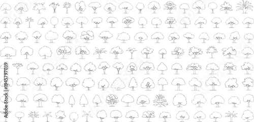 Collection of diverse grey outline trees on white background