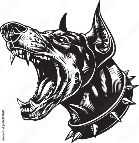 Roaring Doberman Dog Head Aggressive Guard Dog Mascot Black and White Vector Illustration