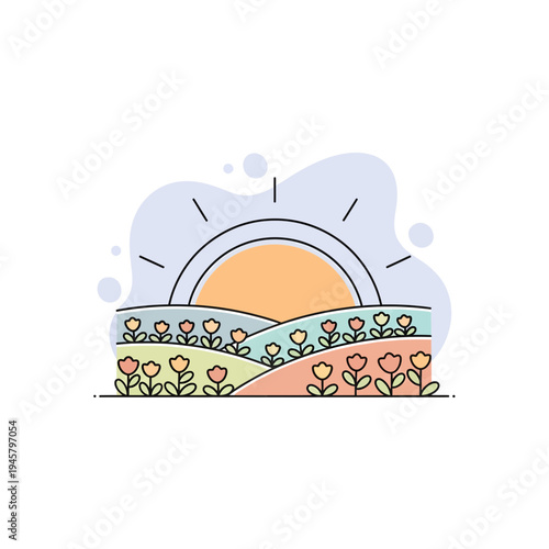Spring equinox sunrise over colorful flowers and hills