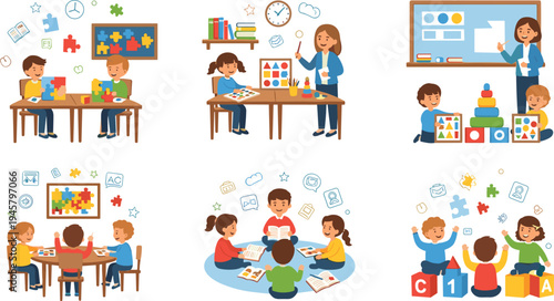 Preschool children learning and playing with puzzles blocks and educational toys in classroom kindergarten activity cartoon vector illustration set
