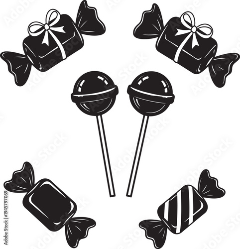 Black and white of lollipops and wrapped candies with ribbons also transparent background wrappers