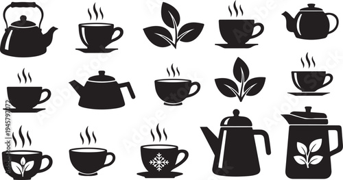 Black and white tea and coffee icons collection set