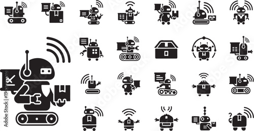 Collection of black and white robot icons and symbols