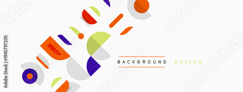 Abstract geometric shapes, vibrant colors, minimalist design. Background features overlapping forms, modern aesthetic.