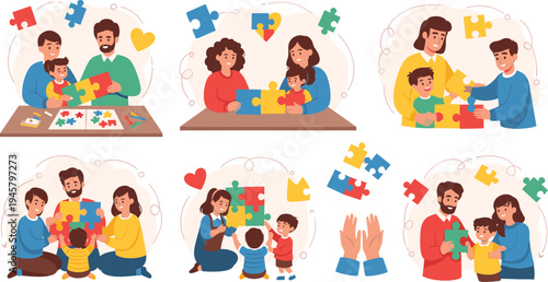 Family solving puzzle together concept with parents and children connecting pieces teamwork bonding learning activity cartoon vector illustration set
