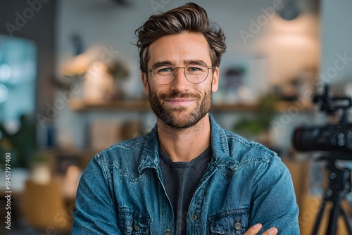 Confident Content Creator Smiling in Studio - Modern Professional Portrait